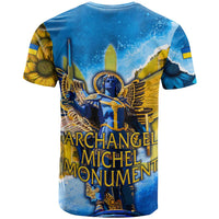 Ukraine Archangel Michael T Shirt with Trident Emblem and Sunflowers Design