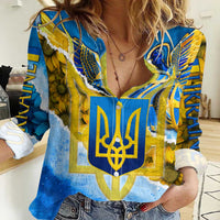 Ukraine Archangel Michael Women Casual Shirt with Trident Emblem and Sunflowers Design