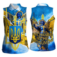 Ukraine Archangel Michael Women Sleeveless Polo Shirt with Trident Emblem and Sunflowers Design