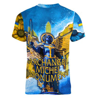Ukraine Archangel Michael Women V-Neck T-Shirt with Trident Emblem and Sunflowers Design
