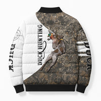 Duck Hunting Retriever Bomber Puffer Jacket Mallard Shotgun Hunt with Camouflage Marsh Dog Artwork