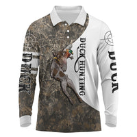Duck Hunting Retriever Long Sleeve Polo Shirt Mallard Shotgun Hunt with Camouflage Marsh Dog Artwork
