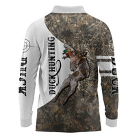 Duck Hunting Retriever Long Sleeve Polo Shirt Mallard Shotgun Hunt with Camouflage Marsh Dog Artwork
