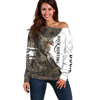 Duck Hunting Retriever Off Shoulder Sweater Mallard Shotgun Hunt with Camouflage Marsh Dog Artwork