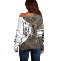 Duck Hunting Retriever Off Shoulder Sweater Mallard Shotgun Hunt with Camouflage Marsh Dog Artwork