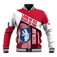 Greenland Baseball Jacket with Polar Bear Emblem and Land of Ice Heart of Fire Text Design