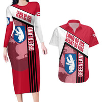 Greenland Couples Matching Long Sleeve Bodycon Dress and Hawaiian Shirt with Polar Bear Emblem and Land of Ice Heart of Fire Text Design