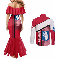 Greenland Couples Matching Mermaid Dress and Long Sleeve Button Shirt with Polar Bear Emblem and Land of Ice Heart of Fire Text Design
