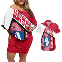 Greenland Couples Matching Off Shoulder Short Dress and Hawaiian Shirt with Polar Bear Emblem and Land of Ice Heart of Fire Text Design