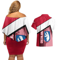 Greenland Couples Matching Off Shoulder Short Dress and Hawaiian Shirt with Polar Bear Emblem and Land of Ice Heart of Fire Text Design