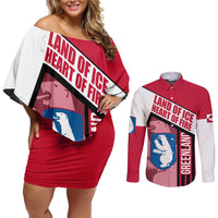 Greenland Couples Matching Off Shoulder Short Dress and Long Sleeve Button Shirt with Polar Bear Emblem and Land of Ice Heart of Fire Text Design