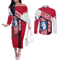 Greenland Couples Matching Off The Shoulder Long Sleeve Dress and Long Sleeve Button Shirt with Polar Bear Emblem and Land of Ice Heart of Fire Text Design