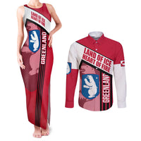 Greenland Couples Matching Tank Maxi Dress and Long Sleeve Button Shirt with Polar Bear Emblem and Land of Ice Heart of Fire Text Design