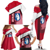 Greenland Family Matching Off The Shoulder Long Sleeve Dress and Hawaiian Shirt with Polar Bear Emblem and Land of Ice Heart of Fire Text Design