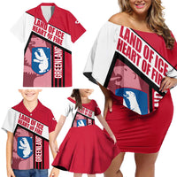 Greenland Family Matching Off Shoulder Short Dress and Hawaiian Shirt with Polar Bear Emblem and Land of Ice Heart of Fire Text Design