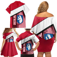 Greenland Family Matching Off Shoulder Short Dress and Hawaiian Shirt with Polar Bear Emblem and Land of Ice Heart of Fire Text Design