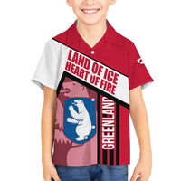 Greenland Family Matching Off Shoulder Short Dress and Hawaiian Shirt with Polar Bear Emblem and Land of Ice Heart of Fire Text Design