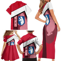 Greenland Family Matching Short Sleeve Bodycon Dress and Hawaiian Shirt with Polar Bear Emblem and Land of Ice Heart of Fire Text Design