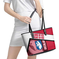 Greenland Leather Tote Bag with Polar Bear Emblem and Land of Ice Heart of Fire Text Design