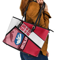 Greenland Leather Tote Bag with Polar Bear Emblem and Land of Ice Heart of Fire Text Design