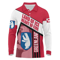Greenland Long Sleeve Polo Shirt with Polar Bear Emblem and Land of Ice Heart of Fire Text Design