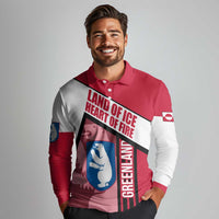 Greenland Long Sleeve Polo Shirt with Polar Bear Emblem and Land of Ice Heart of Fire Text Design