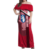 Greenland Off Shoulder Maxi Dress with Polar Bear Emblem and Land of Ice Heart of Fire Text Design