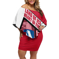 Greenland Off Shoulder Short Dress with Polar Bear Emblem and Land of Ice Heart of Fire Text Design