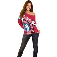 Greenland Off Shoulder Sweater with Polar Bear Emblem and Land of Ice Heart of Fire Text Design
