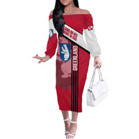 Greenland Off The Shoulder Long Sleeve Dress with Polar Bear Emblem and Land of Ice Heart of Fire Text Design