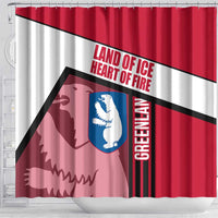Greenland Shower Curtain with Polar Bear Emblem and Land of Ice Heart of Fire Text Design