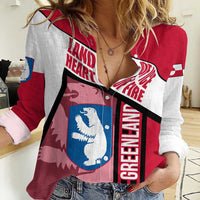 Greenland Women Casual Shirt with Polar Bear Emblem and Land of Ice Heart of Fire Text Design