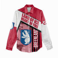 Greenland Women Casual Shirt with Polar Bear Emblem and Land of Ice Heart of Fire Text Design