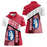 Greenland Women Polo Shirt with Polar Bear Emblem and Land of Ice Heart of Fire Text Design