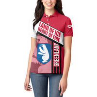 Greenland Women Polo Shirt with Polar Bear Emblem and Land of Ice Heart of Fire Text Design