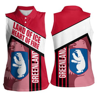 Greenland Women Sleeveless Polo Shirt with Polar Bear Emblem and Land of Ice Heart of Fire Text Design