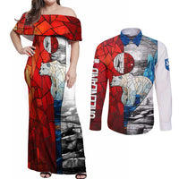 Kalaallit Nunaat Pride Couples Matching Off Shoulder Maxi Dress and Long Sleeve Button Shirt Polar Bear Spirit in Stained Glass Style