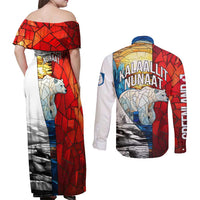 Kalaallit Nunaat Pride Couples Matching Off Shoulder Maxi Dress and Long Sleeve Button Shirt Polar Bear Spirit in Stained Glass Style