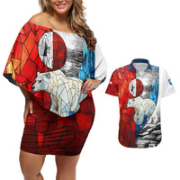 Kalaallit Nunaat Pride Couples Matching Off Shoulder Short Dress and Hawaiian Shirt Polar Bear Spirit in Stained Glass Style