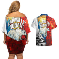Kalaallit Nunaat Pride Couples Matching Off Shoulder Short Dress and Hawaiian Shirt Polar Bear Spirit in Stained Glass Style