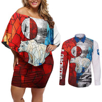 Kalaallit Nunaat Pride Couples Matching Off Shoulder Short Dress and Long Sleeve Button Shirt Polar Bear Spirit in Stained Glass Style