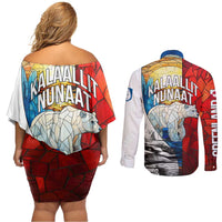 Kalaallit Nunaat Pride Couples Matching Off Shoulder Short Dress and Long Sleeve Button Shirt Polar Bear Spirit in Stained Glass Style