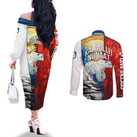 Kalaallit Nunaat Pride Couples Matching Off The Shoulder Long Sleeve Dress and Long Sleeve Button Shirt Polar Bear Spirit in Stained Glass Style