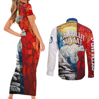 Kalaallit Nunaat Pride Couples Matching Short Sleeve Bodycon Dress and Long Sleeve Button Shirt Polar Bear Spirit in Stained Glass Style