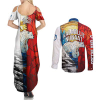 Kalaallit Nunaat Pride Couples Matching Summer Maxi Dress and Long Sleeve Button Shirt Polar Bear Spirit in Stained Glass Style