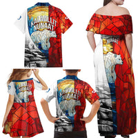 Kalaallit Nunaat Pride Family Matching Off Shoulder Maxi Dress and Hawaiian Shirt Polar Bear Spirit in Stained Glass Style