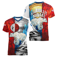 Kalaallit Nunaat Pride Women V-Neck T-Shirt Polar Bear Spirit in Stained Glass Style