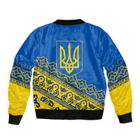 Ukraine Heritage Pride – Vyshyvanka Pattern Bomber Jacket with National Symbol in Blue & Yellow