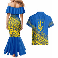 Ukraine Heritage Pride – Vyshyvanka Pattern Couples Matching Mermaid Dress and Hawaiian Shirt with National Symbol in Blue & Yellow