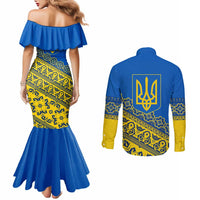 Ukraine Heritage Pride – Vyshyvanka Pattern Couples Matching Mermaid Dress and Long Sleeve Button Shirt with National Symbol in Blue & Yellow